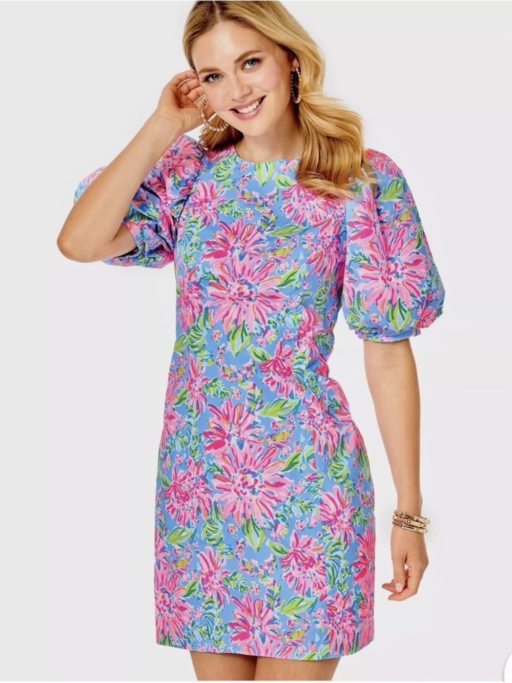 Lilly Pulitzer Pink Floral Puff-Sleeve Sheath Dress on Blue